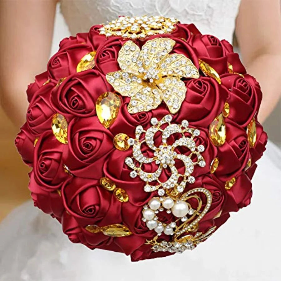Burgundy Red and Gold Quinceañera Bouquet - Bridal Bouquet with Satin Roses, Crystals and Gold Brooches
