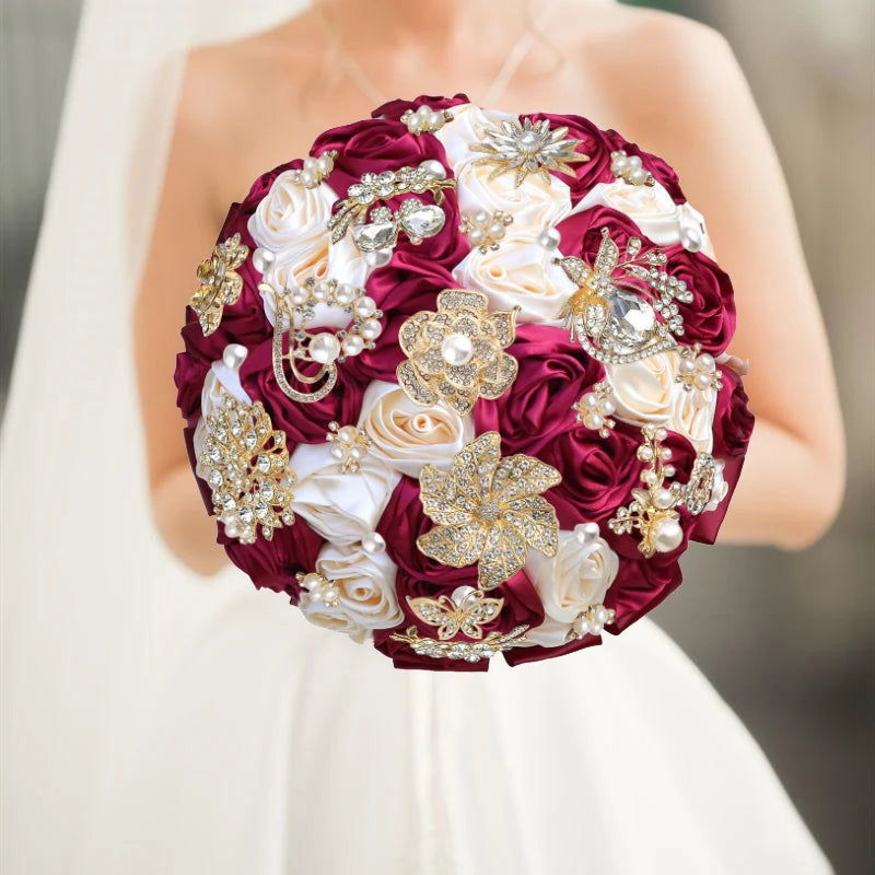 Bridal Bouquet with Satin Roses, Crystals and Pearls