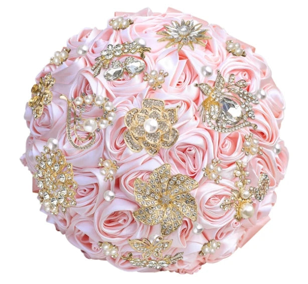 Bridal Bouquet with Satin Roses, Crystals and Pearls