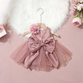 Elegant Party Dress Set for Baby Girl - Satin and Old Pink Tulle Dress with Maxi Bow - Includes Matching Floral Headband - Outfit for Baptism, Wedding or Birthday