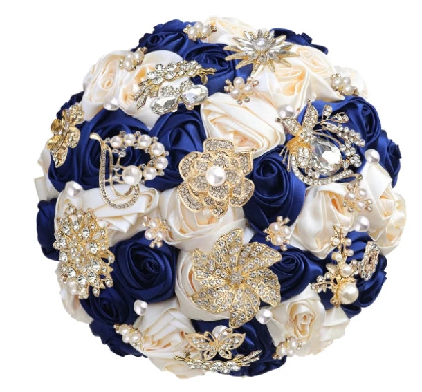 Bridal Bouquet with Satin Roses, Crystals and Pearls