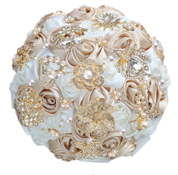 Bridal Bouquet with Satin Roses, Crystals and Pearls