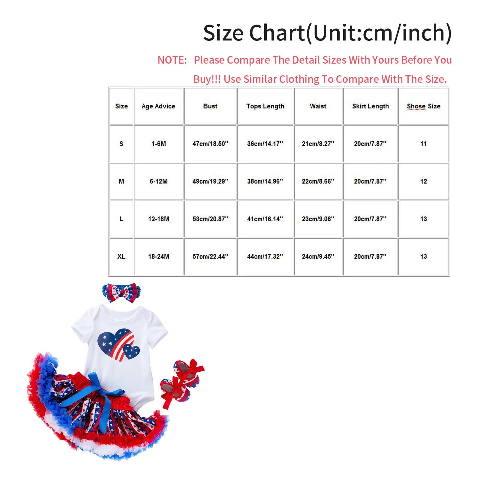 4pcs 4th July Baby Girl Outfits Patriotic Romper Tutu Skirt Headband Shoes Sets Independence Day Star Heart Holiday Photo Party