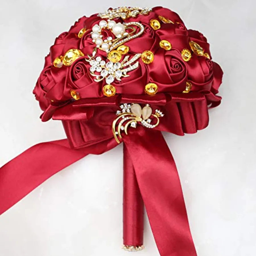 Burgundy Red and Gold Quinceañera Bouquet - Bridal Bouquet with Satin Roses, Crystals and Gold Brooches