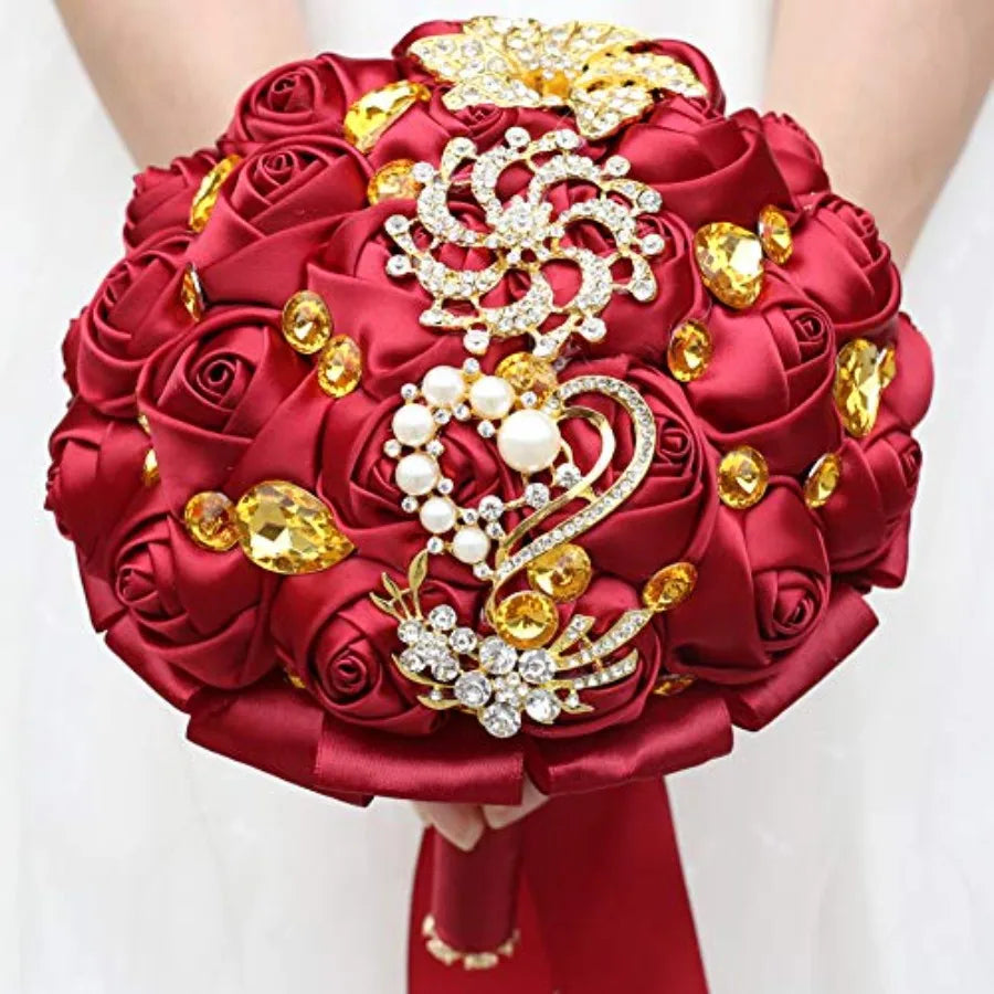 Burgundy Red and Gold Quinceañera Bouquet - Bridal Bouquet with Satin Roses, Crystals and Gold Brooches