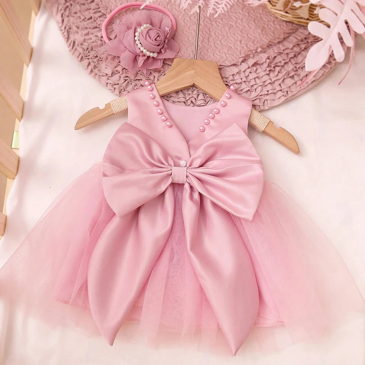 Elegant Party Dress Set for Baby Girl - Satin and Old Pink Tulle Dress with Maxi Bow - Includes Matching Floral Headband - Outfit for Baptism, Wedding or Birthday