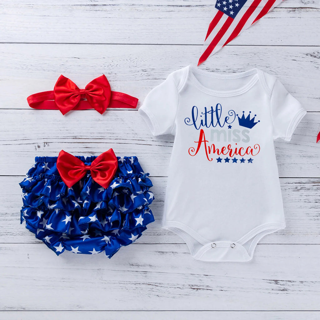 Little Miss America Set for Baby Girl Embroidered Body, Patriotic Ruffle Panties and Tie Headband Set of 3 Pieces