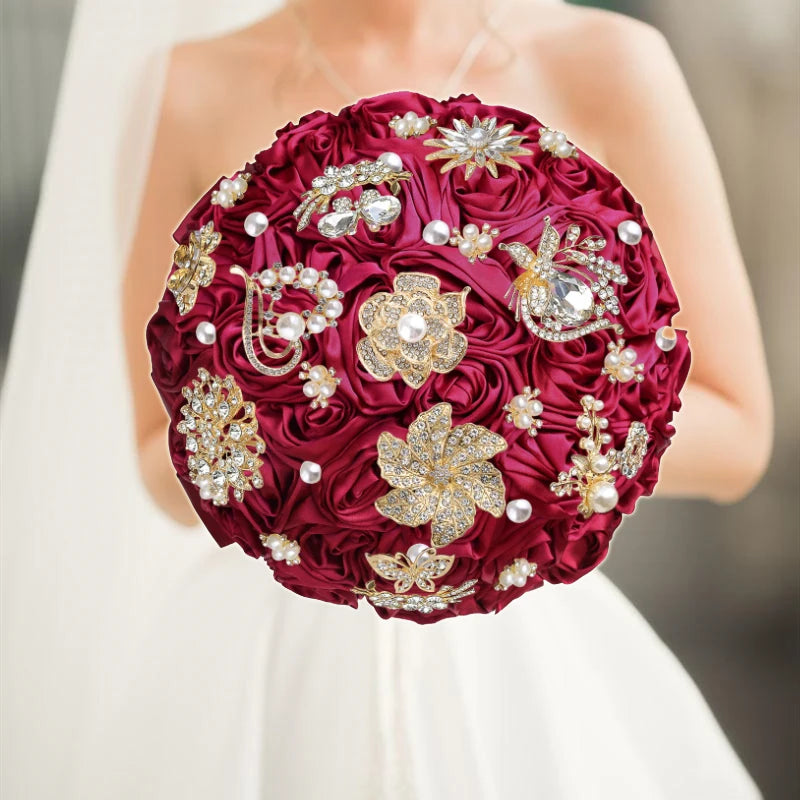 Bridal Bouquet with Satin Roses, Crystals and Pearls