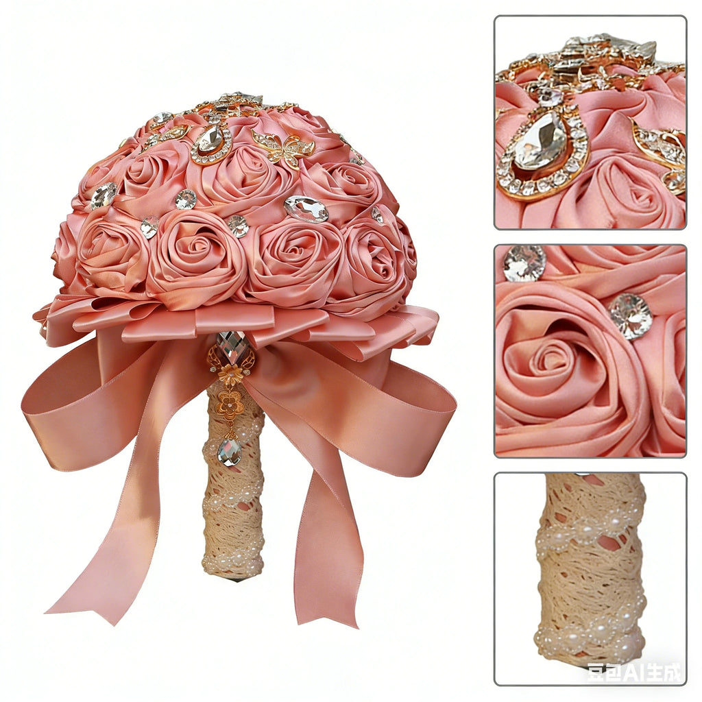 Bridal Bouquet with Satin Roses, Crystals and Pearls