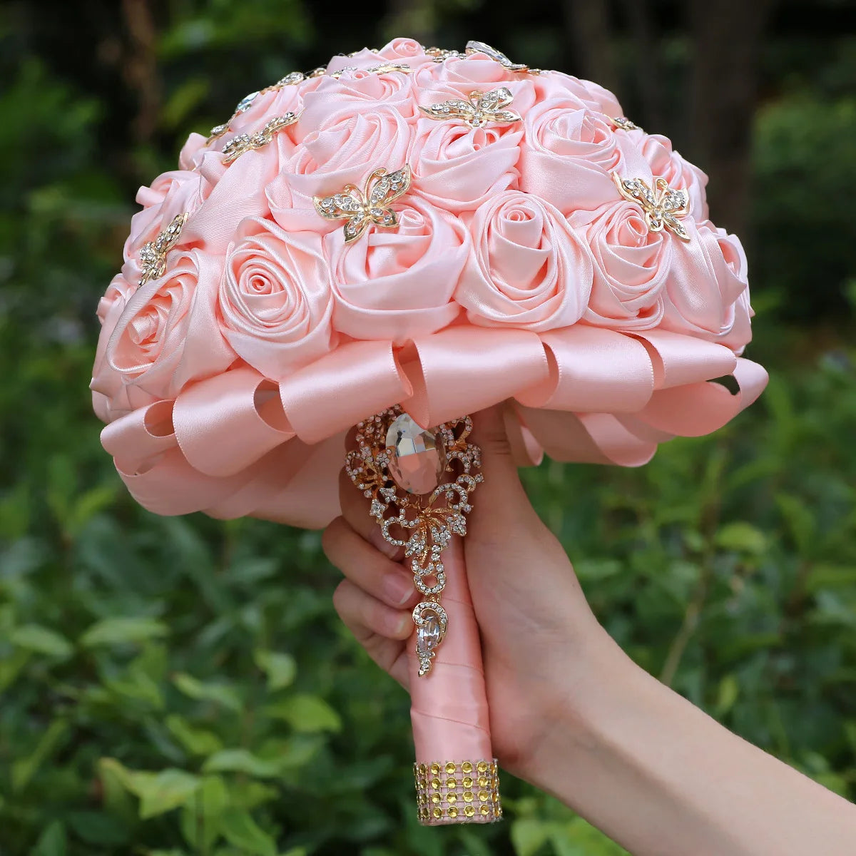 Quinceanera Wedding Bouquet with Butterfly Rhinestones Bridal Bouquets for Bride Bridesmaids