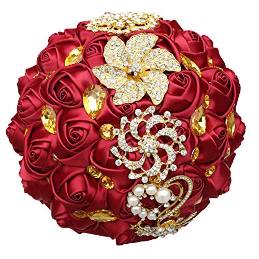 Burgundy Red and Gold Quinceañera Bouquet - Bridal Bouquet with Satin Roses, Crystals and Gold Brooches