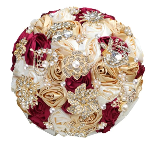 Bridal Bouquet with Satin Roses, Crystals and Pearls