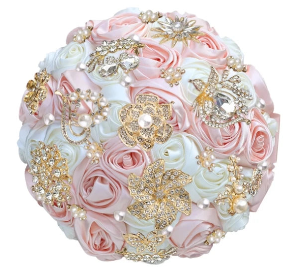 Bridal Bouquet with Satin Roses, Crystals and Pearls