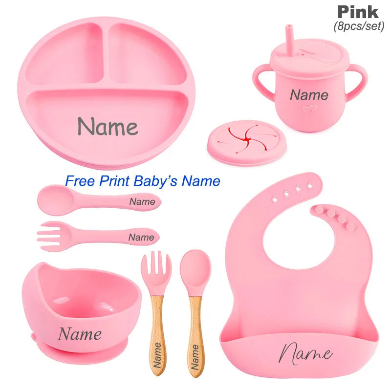 8Pcs Silicone Tableware Set Personalized Name Logo Baby Feeding Set Spoon Fork Suction Cup Bowl Silicone Dinner Plate For Kids