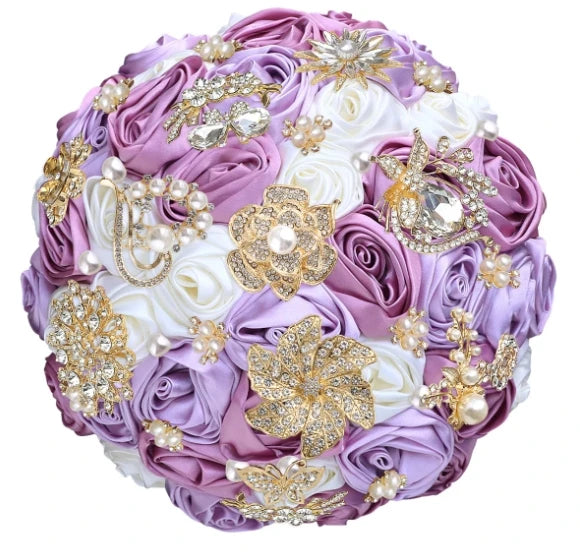 Bridal Bouquet with Satin Roses, Crystals and Pearls