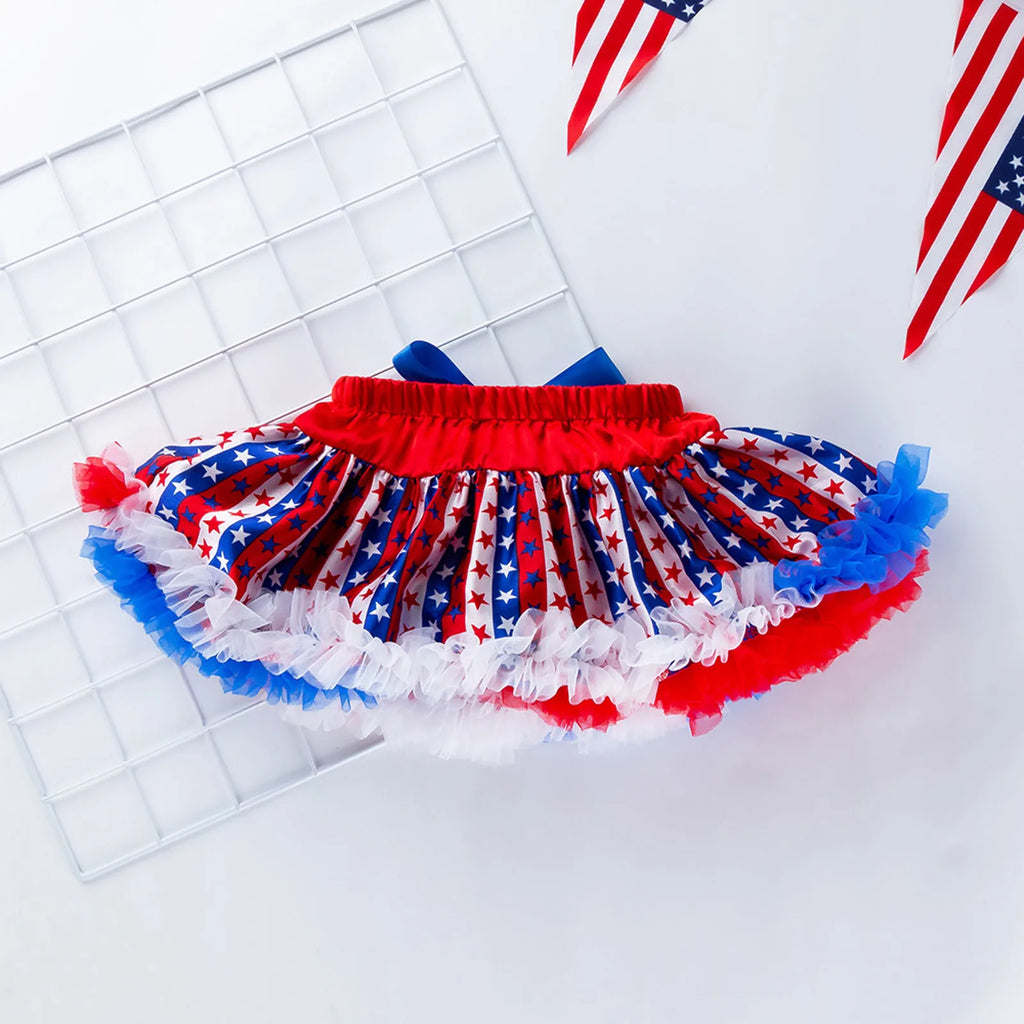 4pcs 4th July Baby Girl Outfits Patriotic Romper Tutu Skirt Headband Shoes Sets Independence Day Star Heart Holiday Photo Party