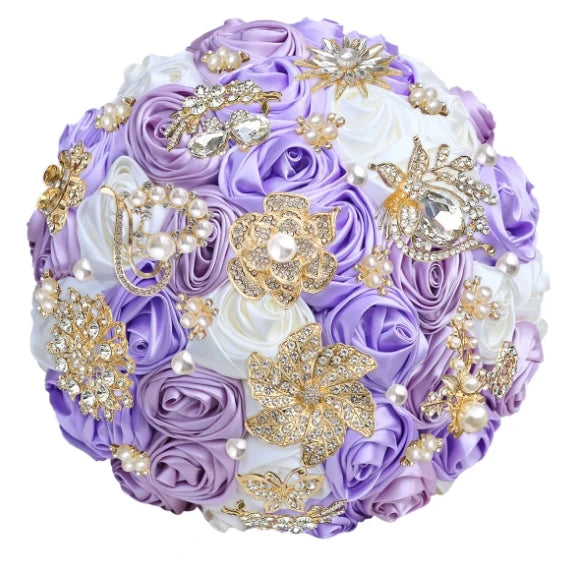 Bridal Bouquet with Satin Roses, Crystals and Pearls