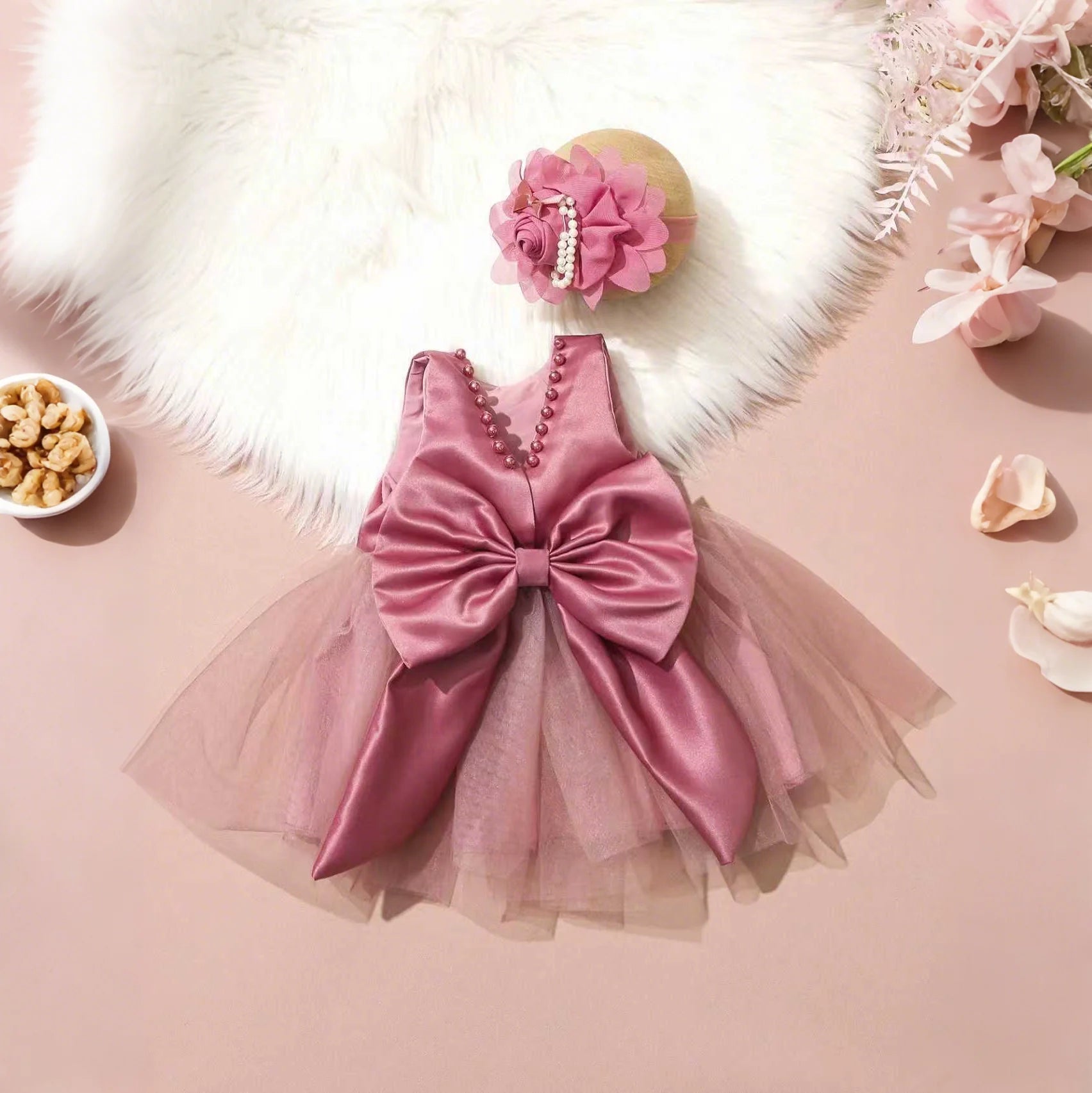 Elegant Party Dress Set for Baby Girl - Satin and Old Pink Tulle Dress with Maxi Bow - Includes Matching Floral Headband - Outfit for Baptism, Wedding or Birthday