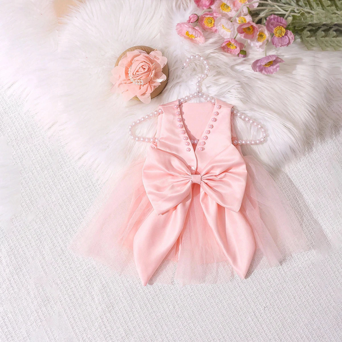 Elegant Party Dress Set for Baby Girl - Satin and Old Pink Tulle Dress with Maxi Bow - Includes Matching Floral Headband - Outfit for Baptism, Wedding or Birthday