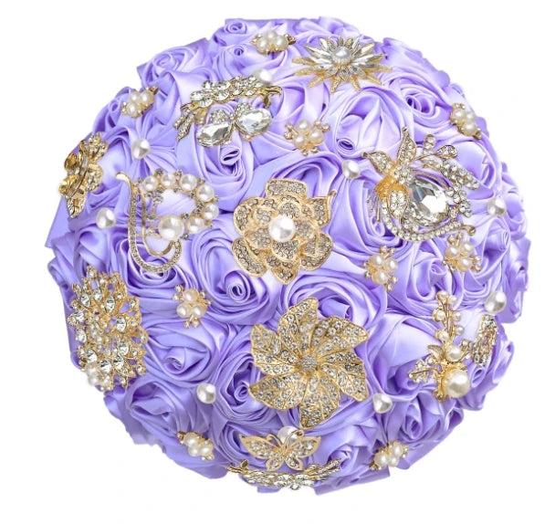 Bridal Bouquet with Satin Roses, Crystals and Pearls