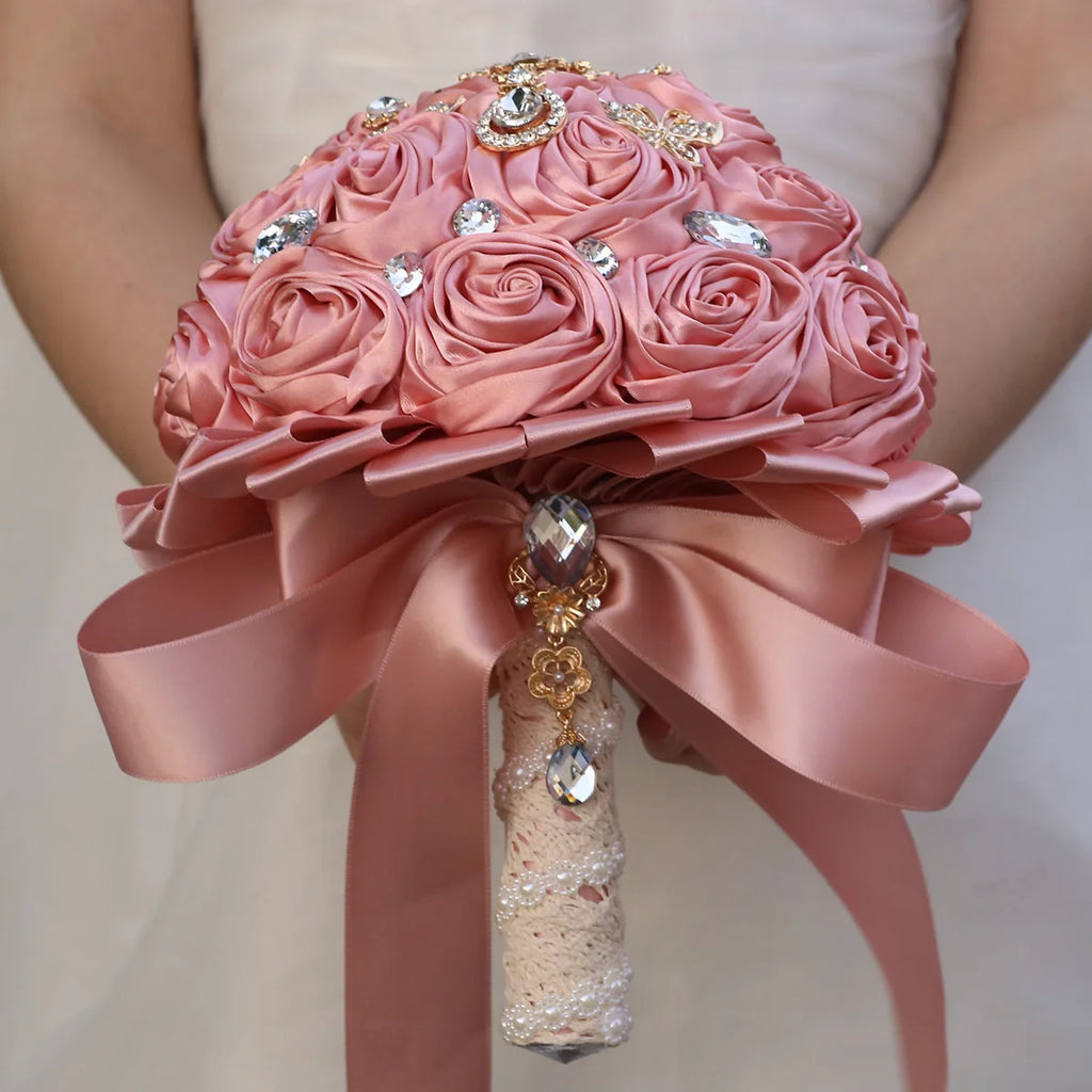 Bridal Bouquet with Satin Roses, Crystals and Pearls